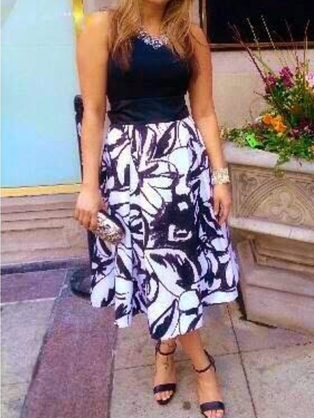 Black and White Floral A-Line Midi Dress